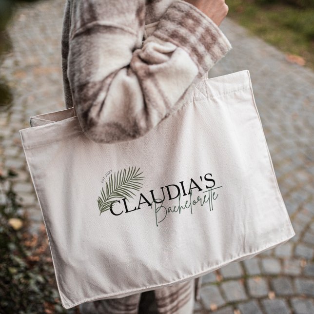 Miami Palm Bride Custom Chic Bachelorette Party  Large Tote Bag (Custom Bride Name - Miami Palm Design, Bachelorette party Large Tote Bag)