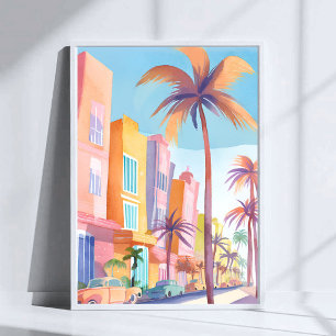 Miami Road Colourful Street Watercolor Poster