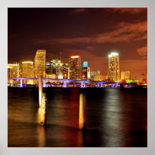 Miami skyline at night, Florida Poster