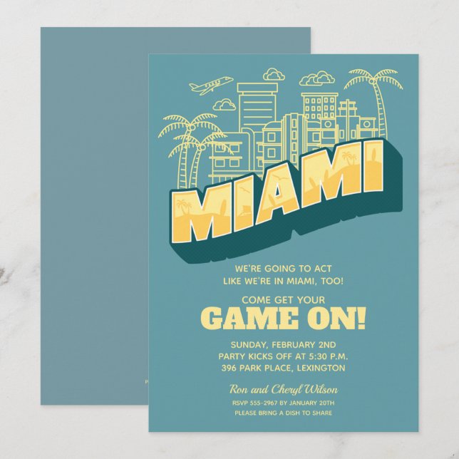 Miami Skyline Game On Football Party Invitations (Front/Back)