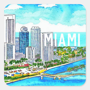 Miami Skyline Tropical Postcard   Square Sticker