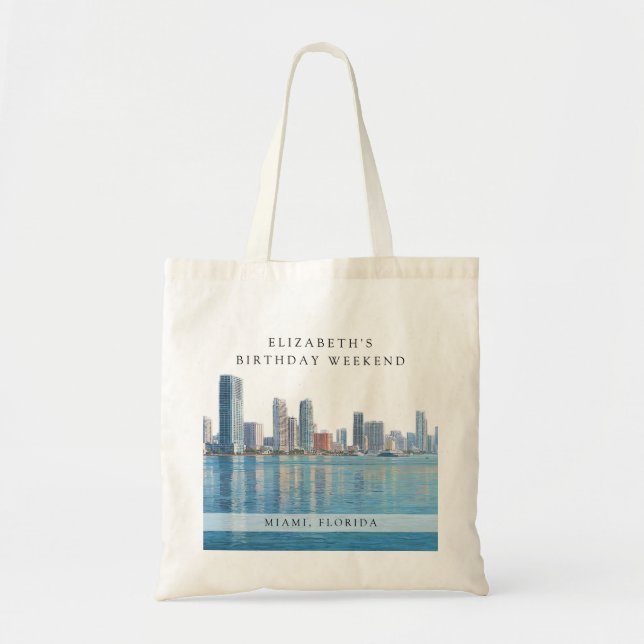 Miami Skyline Watercolor Birthday Weekend Tote Bag (Front)