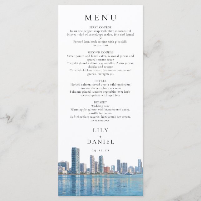 Miami Skyline Watercolor Destination Wedding Menu (Front)