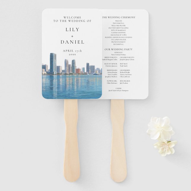 Miami Skyline Watercolor Wedding Program Hand Fan (Front and Back)