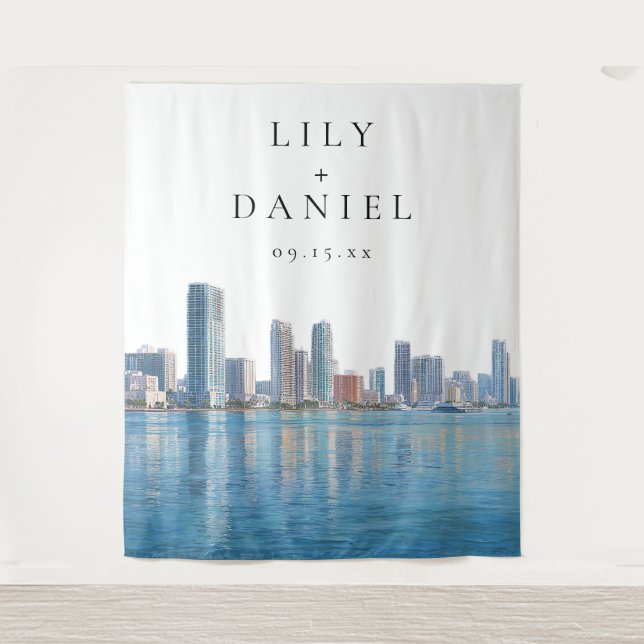 Miami Skyline Wedding Photo Backdrop Tapestry (Front)