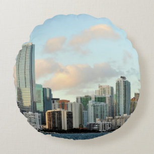 Miami skyscrapers against wide clear sky round pillow