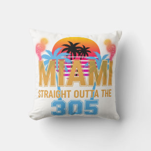 Miami Straight Outta The 305 Vintage Sunset Neon  Throw Pillow