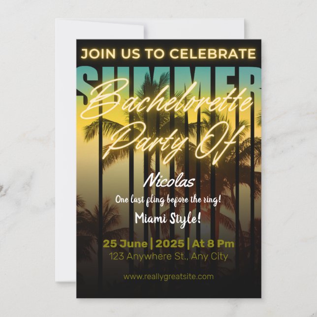 Miami Summer Girls Weekend Bachelorette Party Invitation (Front)
