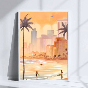 Miami Sunrise   Yellow Watercolor Skyline Painting Poster