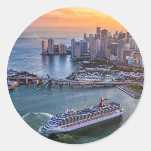Miami Sunset Cruise Ship & Coastal Skyline Citysca Classic Round Sticker