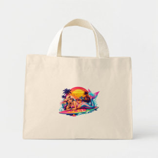 Miami Sunset Mermaid - Retro Tropical Surfboard  Mini Tote Bag