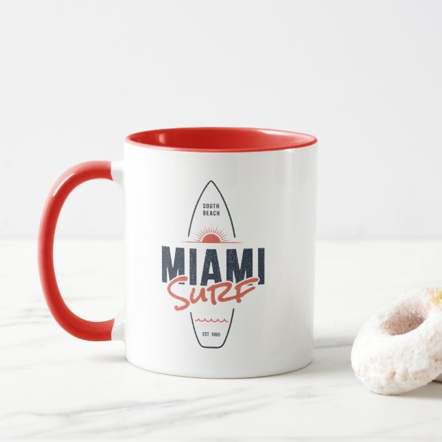 Miami Surf – Vintage Beach Sunset Surfboard Design Mug (With Donut)