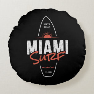 Miami Surf – Vintage Beach Sunset Surfboard Design Round Pillow