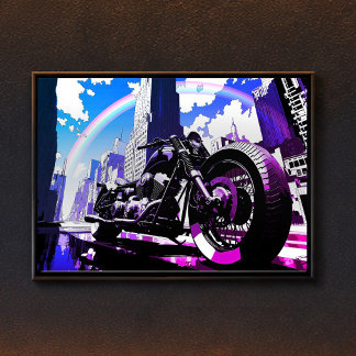 Miami Vice Synthwave Motorcycle Neon Rainbow Art Poster