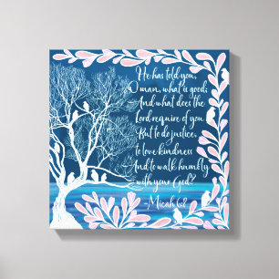 Micah 6:8 Teal Blue White Tree Birds Bible Verse Canvas Print