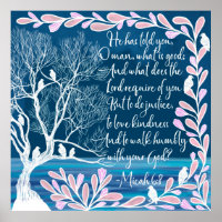 Micah 6:8 Teal Blue White Tree Birds Bible Verse