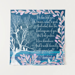 Micah 6:8 Teal Blue White Tree Birds Bible Verse Tapestry