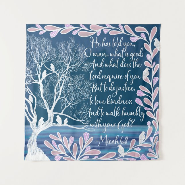 Micah 6:8 Teal Blue White Tree Birds Bible Verse Tapestry (Front)