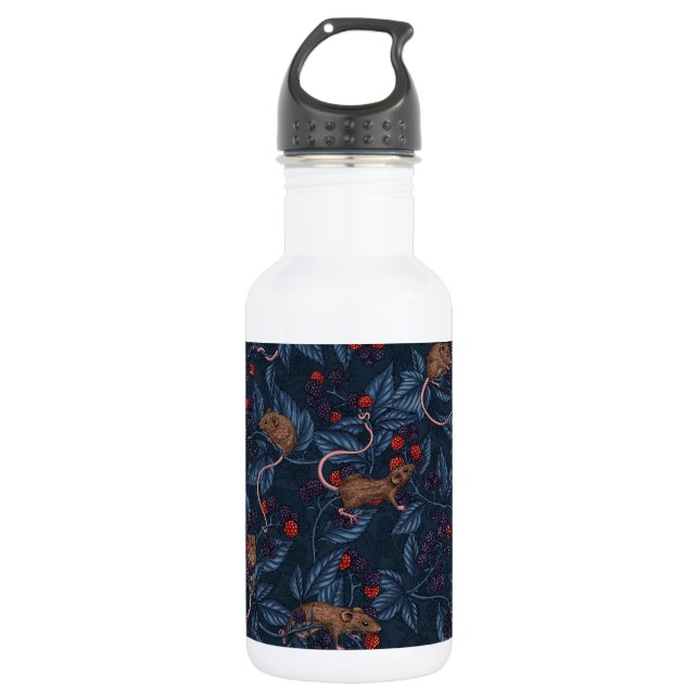 Mice and blackberries on navy 532 ml water bottle (Front)