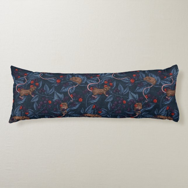 Mice and blackberries on navy body pillow (Front)