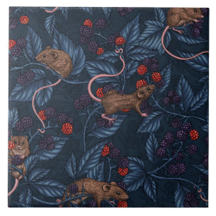Mice and blackberries on navy tile