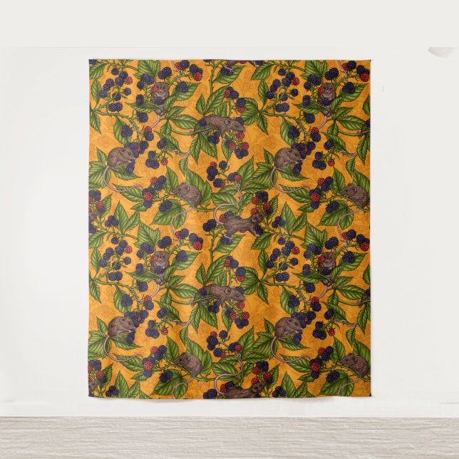 Mice and blackberries on orange Tapestry (Front)