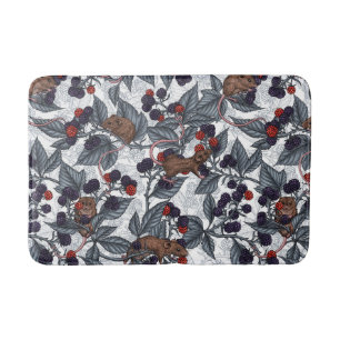 Mice and blackberries on white bath mat