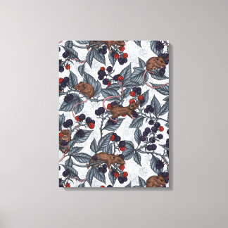 Mice and blackberries on white canvas print
