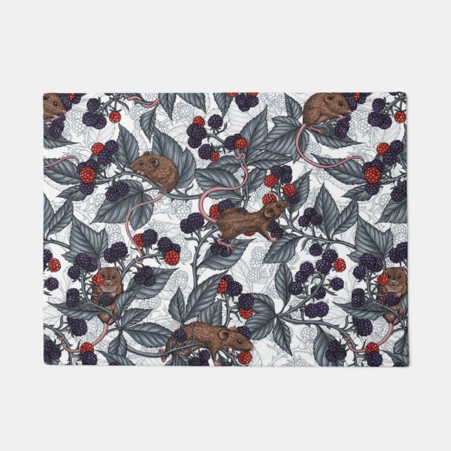 Mice and blackberries on white doormat (Front)