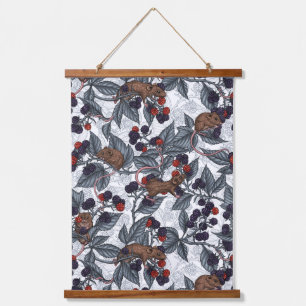 Mice and blackberries on white hanging tapestry