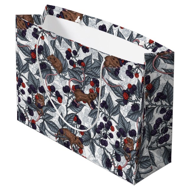 Mice and blackberries on white large gift bag (Back Angled)