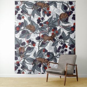 Mice and blackberries on white tapestry