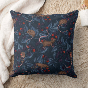 Mice and blackberries on white throw pillow