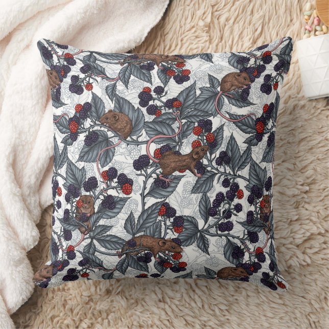 Mice and blackberries on white throw pillow (Blanket)