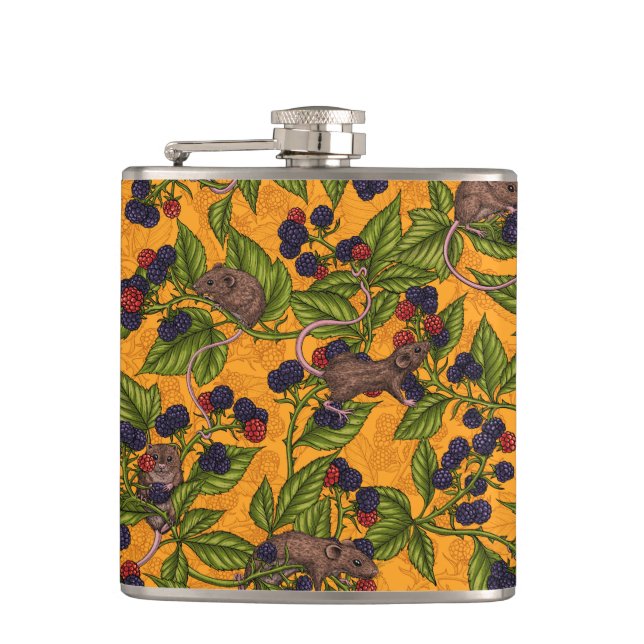 Mice and blackberries on yellow hip flask (Front)