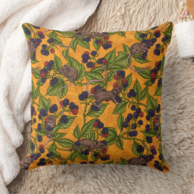 Mice and blackberries on yellow throw pillow (Blanket)