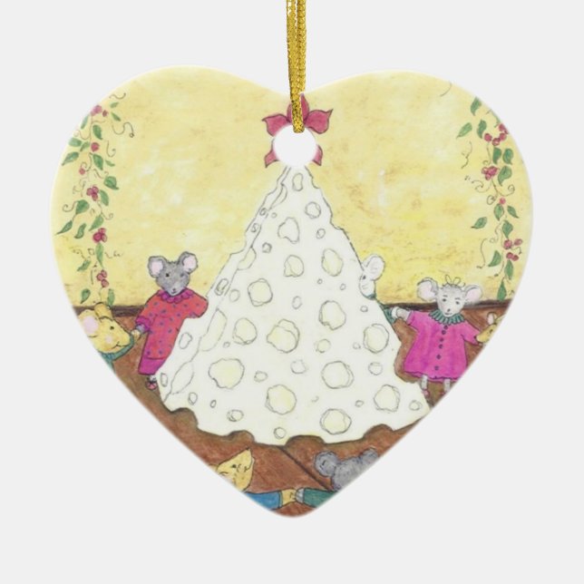 Mice around a Cheese Christmas Tree Ceramic Ornament (Front)