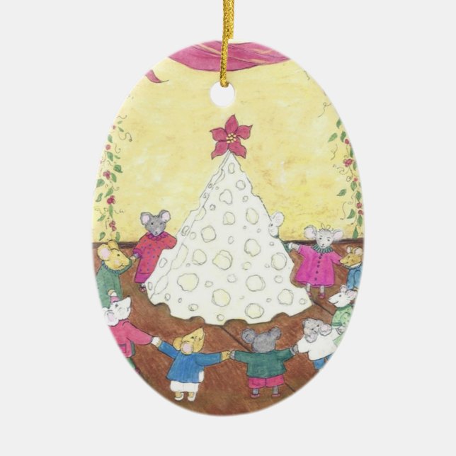 Mice around a Cheese Christmas Tree Ceramic Ornament (Front)