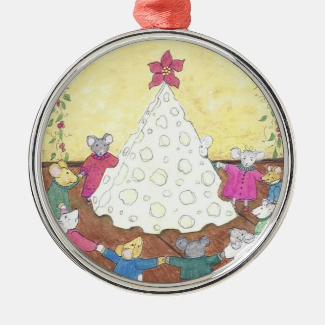 Mice around a Cheese Christmas Tree Metal Ornament (Front)