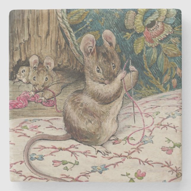 Mice at Work Threading the Needle (Beatrix Potter) Stone Coaster (Front)