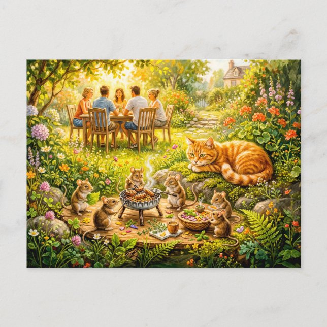 Mice Garden BBQ With Watching Cat Postcard (Front)