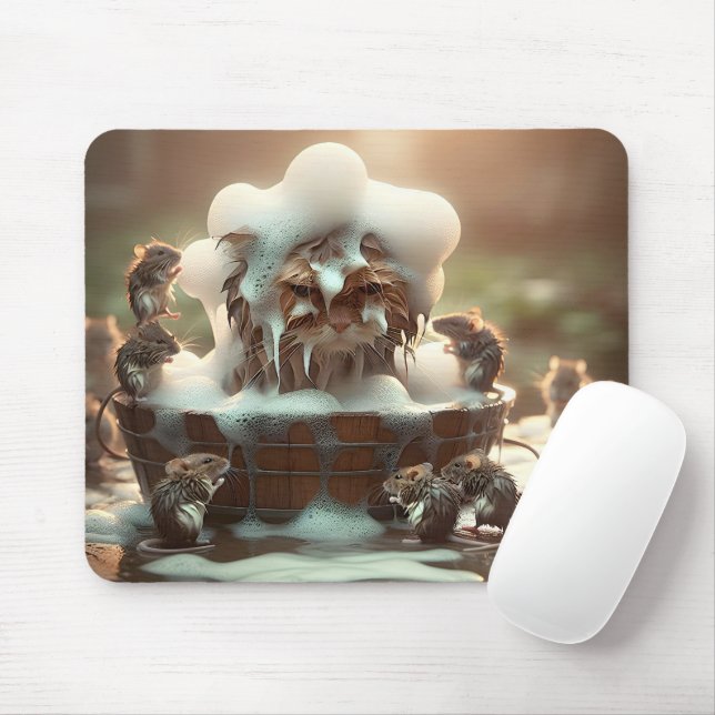 Mice Giving A Cat A Bath Mouse Pad (With Mouse)