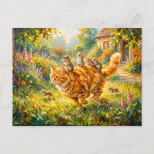 Mice Riding Cat Through Garden Postcard