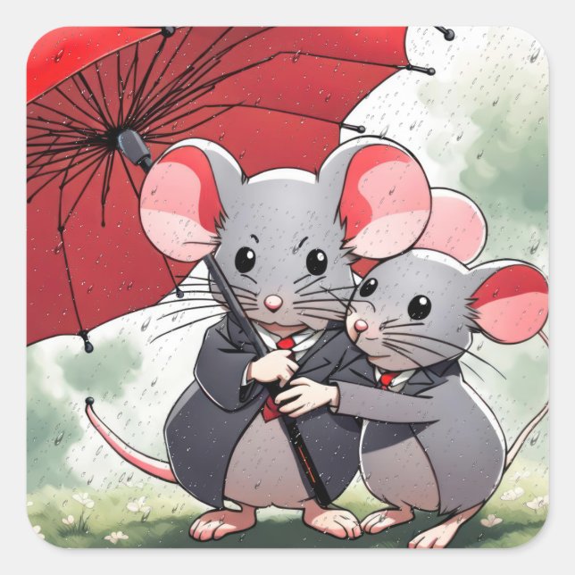 Mice Under a Red Umbrella Square Sticker (Front)