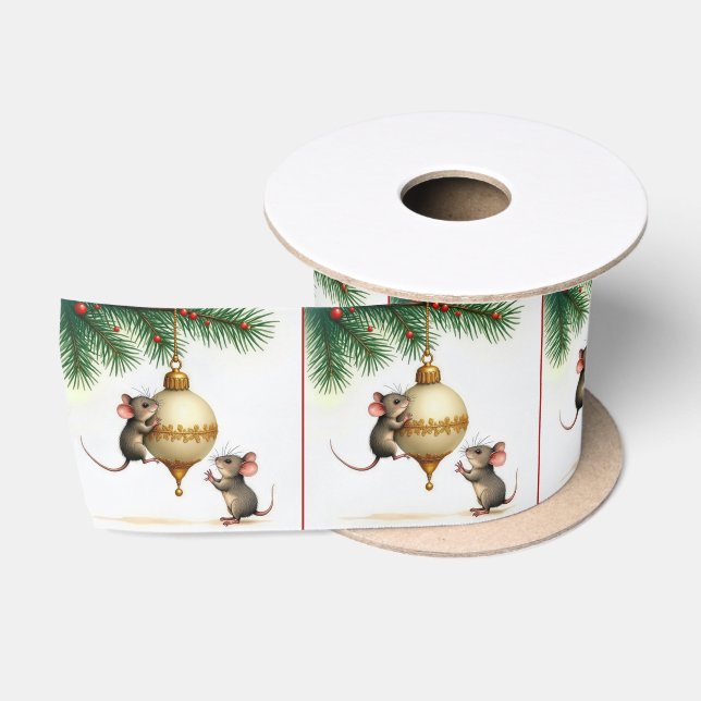 Mice With Gold Christmas Ornament Satin Ribbon (Spool)