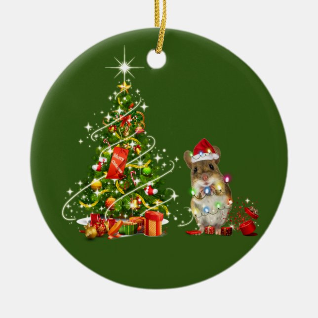 Mice With Hat LIGHTS Christmas Ceramic Ornament (Front)