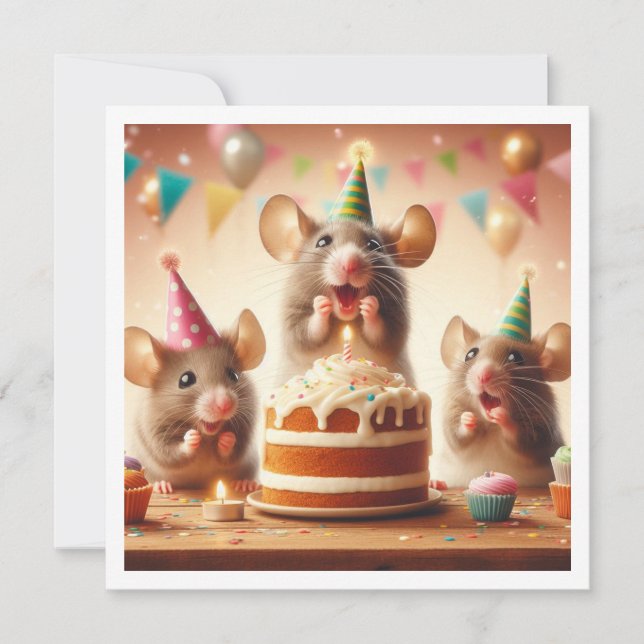 Mice with party hats, mouse birthday invitation (Front)
