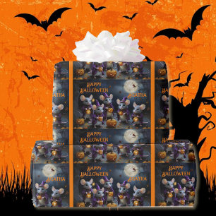 Mice Wizards Pumpkins Halloween Birthday Add Name Wrapping Paper