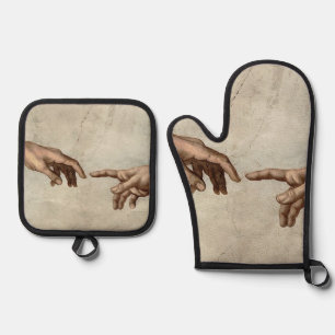 Michaelangelo hands creation adam god oven mitt & pot holder set