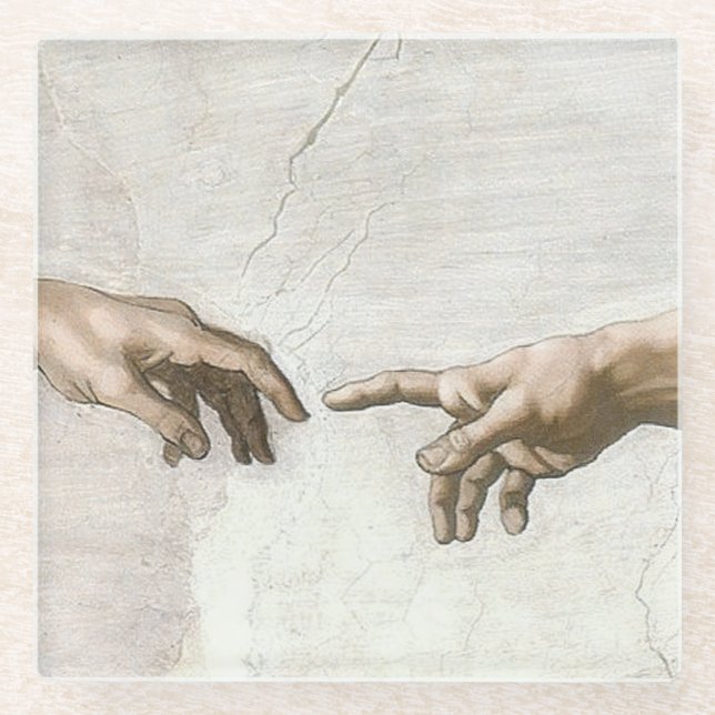 Michelangelo Creation of Adam Hands Fine Art Glass Coaster (Front)